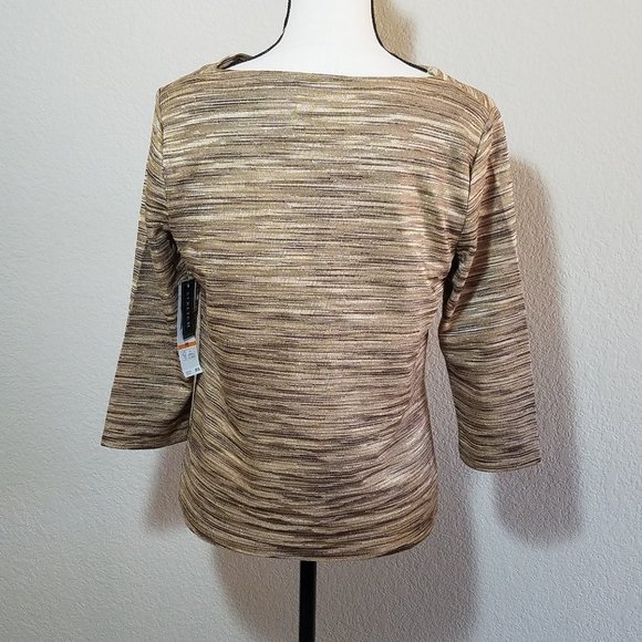 Jones New York Petite Small Blouse Gold Beige Brown 3/4 Sleeve Top SP Metallic - Picture 4 of 4